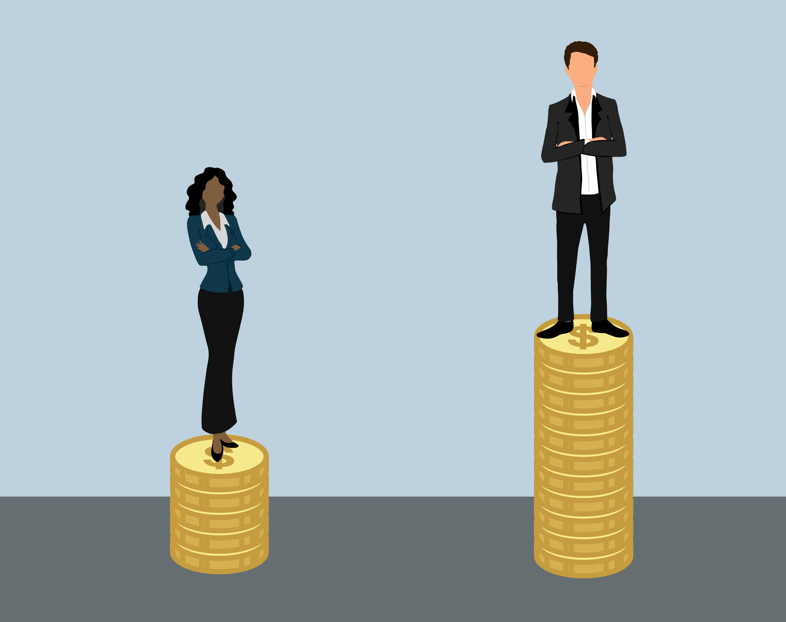 picture of two people standing on a stack of coins. One stack is noticeably smaller than the other